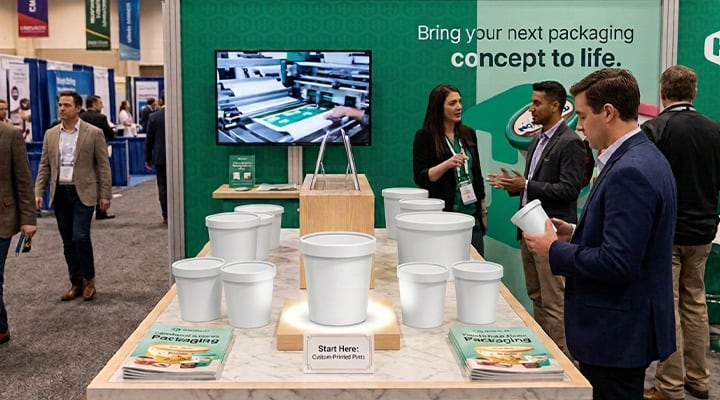 Packaging professionals talking at the Double H Packaging PACK EXPO 2026 booth